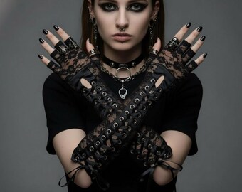 Black Lace Fingerless Gloves | Corset Style Arm Warmers | Gothic Steampunk Lolita