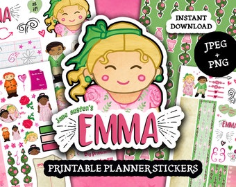 Emma Jane Austen printable planner stickers clipart digital download 3 pages 2 papers teacher student cute illustration pink green romance