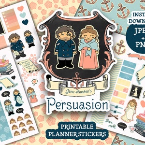 Persuasion Jane Austen printable planner stickers clipart digital download 3 pages 2 digital papers blue coral nautical cute illustration