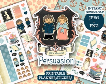 Puede incluir: Un conjunto de pegatinas imprimibles para planificador con ilustraciones y citas de "Persuasión" de Jane Austen. Las pegatinas incluyen imágenes de personajes, libros y elementos decorativos. También se ve el texto "Descarga instantánea JPEG + PNG" y "Pegatinas de planificador imprimibles".