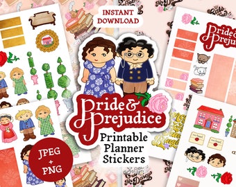 Puede incluir: Pegatinas imprimibles para planificadores con ilustraciones de Orgullo y Prejuicio. Las pegatinas incluyen personajes, casas, rosas, libros y texto. El texto incluye "Orgullo y Prejuicio", "Pegatinas imprimibles para planificadores", "Mr. Darcy" y "Descarga instantánea".