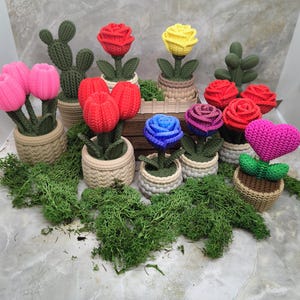 May include: A collection of handmade crochet flowers in various colors, including red roses, pink tulips, and a blue rose. The flowers are in small woven baskets, with green moss around them. The arrangement includes a cactus and a heart-shaped flower.