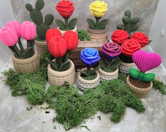 3d printed flowers tulips rose and cactus knitted flower crocheted decor