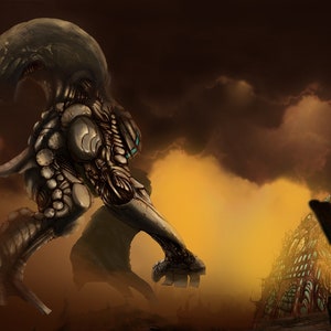 Könnte beinhalten: Eine große, graue, mechanische Kreatur mit einem langen, dünnen Schwanz steht vor einer zerfallenden, futuristischen Stadt. Die Kreatur hat einen großen, runden Kopf mit einem einzigen, leuchtenden Auge. Die Stadt ist aus Metall und Glas und mit Staub und Trümmern bedeckt.