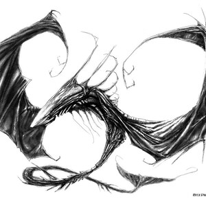 Könnte beinhalten: Schwarz-weiß-Bleistiftzeichnung einer Kreatur mit großen Flügeln und einem langen, dünnen Körper. Die Kreatur ist zu einer Kugel zusammengerollt, mit ihren Flügeln, die sich um sie herum ausbreiten.