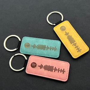 Peut inclure: Trois porte-clés rectangulaires en bleu sarcelle, rose et jaune, chacun avec un porte-clés argenté. Les porte-clés présentent un motif de code Spotify et un logo. Le fond est gris foncé.