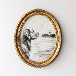 Vintage Golden Retriever Sketch, Dog Wall Art, Golden Wall Art Print, Dog By The Sea, Retriever Portrait, Vintage Pet Artwork, Graphite