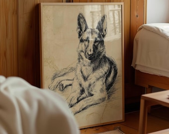 May include: A framed print featuring a detailed black and white illustration of a German Shepherd dog in a relaxed pose. The artwork has a vintage aesthetic, with a light-colored background and a wooden frame.