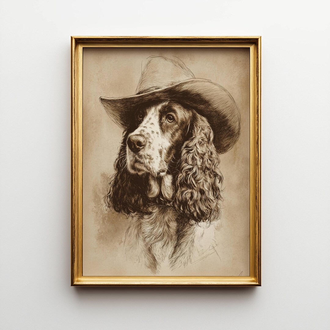 Vintage Cocker Spaniel Sketch, Dog Wall Art, Cocker Cowboy Dog Print ...