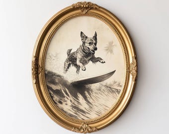 May include: A black and white illustration of a dog surfing on a wave. The dog is in mid-air, with its paws outstretched, and the surfboard is beneath it. The wave is crashing behind the dog, and there is a palm tree in the background. The illustration is framed in a gold oval frame.