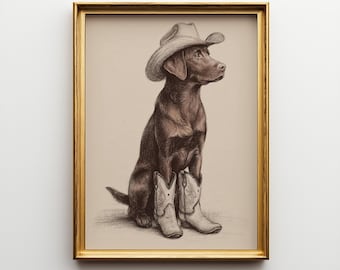 Vintage Cowboy Lab Sketch, Cowboy Dog Art, Dog Wall Art, Cowboy Decor, Cowboy Wall Art, Western Dog Wall Art, Funny, Western Dog, Matte