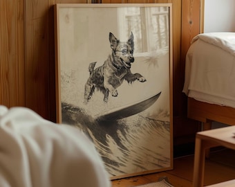 May include: A black and white photograph of a dog surfing on a wave. The dog is in mid-air, with its paws outstretched, and the surfboard is beneath it. The wave is crashing behind the dog, and the water is splashing up around it.