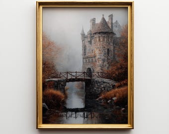 Pôster vintage CastleCore Art em cetim, impressão de pintura de castelo, arte de parede Dark Academia.