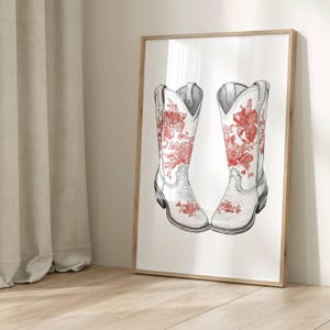 Coastal Red Cowboy Boots Print, Light Red Cowboy Boots Wall Art, Minimalist Red Floral Prints Cowgirl, Coastal Cowgirl Prints, East Coast