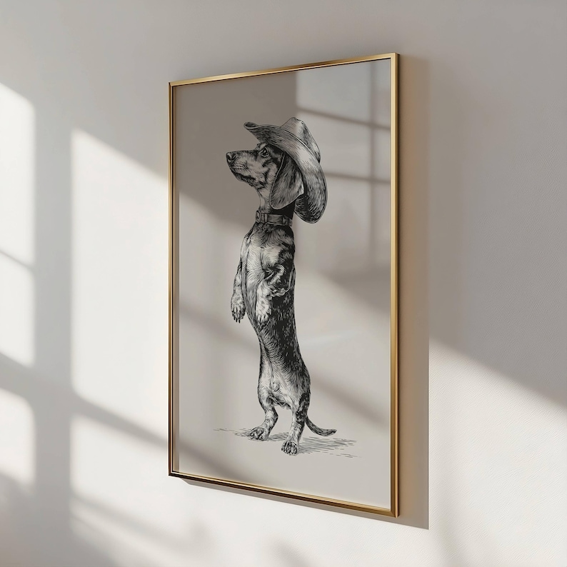 Vintage Cowboy Dachshund Sketch, Cowboy Dog Art, Dog Wall Art, Cowboy Decor, Cowboy Wall Art, Western Dog Wall Art, Funny Print, Western Dog image 2