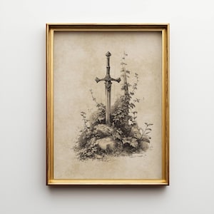 Peut inclure: Une impression encadr&eacute;e d'une illustration en noir et blanc d'une &eacute;p&eacute;e. L'&eacute;p&eacute;e est dress&eacute;e, plant&eacute;e dans une pierre, entour&eacute;e de feuillage. Le cadre est dor&eacute;, donnant un aspect vintage.