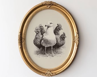 Vintage Seagull Print, Imposter Bird, Beachy Coastal Wall Art, Seagull & Chickens