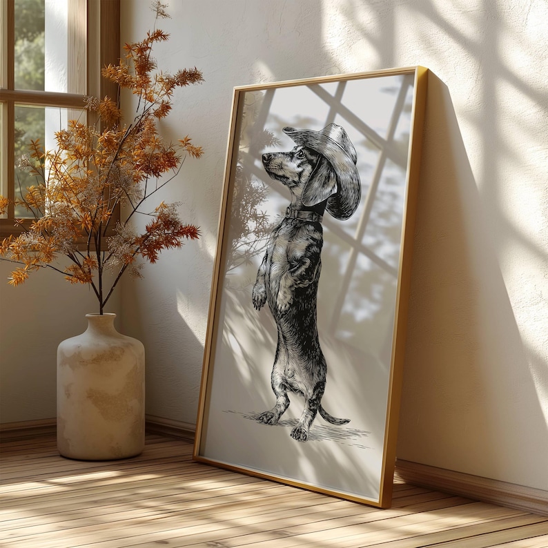 Vintage Cowboy Dachshund Sketch, Cowboy Dog Art, Dog Wall Art, Cowboy Decor, Cowboy Wall Art, Western Dog Wall Art, Funny Print, Western Dog image 3