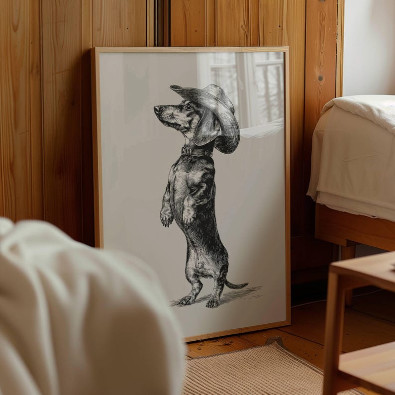 Vintage Cowboy Dachshund Sketch, Cowboy Dog Art, Dog Wall Art, Cowboy Decor, Cowboy Wall Art, Western Dog Wall Art, Funny Print, Western Dog image 1