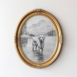 Vintage Golden Retriever Sketch, Dog Wall Art, Golden Wall Art Print, Mountain Scenery, Retriever Portrait, Vintage Pet Artwork, Graphite