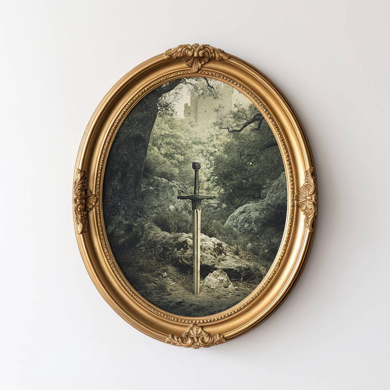 Vintage CastleCore Art, CastleCore Wall Art, Castle Poster, Sword Print For Living Room, Mystical Wall art, Dark Academia, Wall Art Of Sword image 1