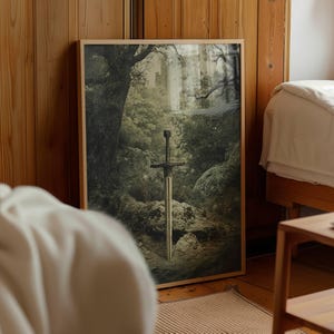Vintage CastleCore Art, CastleCore Wall Art, Castle Poster, Sword Print For Living Room, Mystical Wall art, Dark Academia, Wall Art Of Sword image 5