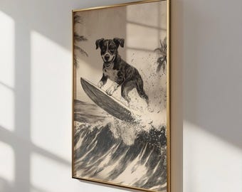 May include: A black and white illustration of a dog surfing on a wave. The dog is smiling and has its tongue sticking out. The wave is crashing behind the dog and there are palm trees in the background.
