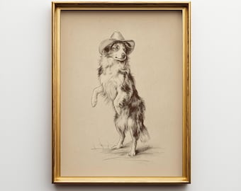 Vintage Aussie Sketch, Australian Shepherd Cowboy Print, Antique Artwork, Western Portrait, Dog Lover