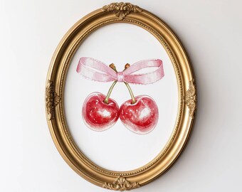 Vintage Cherry Poster, Cherries Print, Trendy Wall Art, Vintage Wall Print, Cherry Wall Decor, Pink Bow, Trendy Poster, Cherry Red and Pink