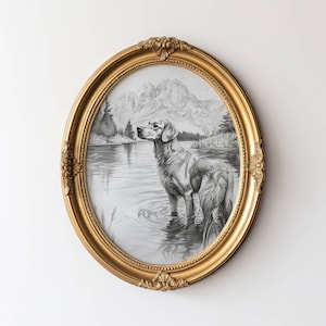 Vintage Golden Retriever Sketch, Dog Wall Art, Golden Wall Art Print, Mountain Scenery, Retriever Portrait, Vintage Pet Artwork, Graphite