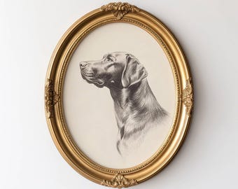 May include: An oval, gold-framed print featuring a detailed charcoal drawing of a dog's head in profile. The dog is depicted with a smooth coat and attentive expression. The frame has ornate detailing.