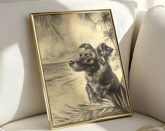 Könnte beinhalten: Eine Schwarzweißzeichnung eines Hundes, der auf das Meer blickt. Der Hund sitzt an einem Strand mit Palmen im Hintergrund. Die Zeichnung ist in einem goldenen Rahmen gerahmt.
