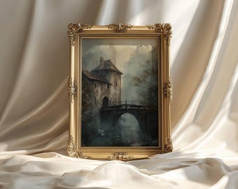 Pôster vintage CastleCore Art em cetim, impressão de pintura de castelo, arte de parede Dark Academia.