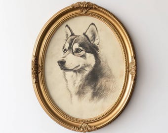 May include: A framed black and white drawing of a husky dog in an oval gold frame.