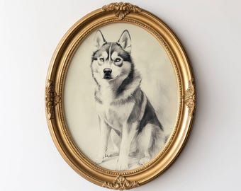 May include: A black and white drawing of a husky dog in a gold oval frame.