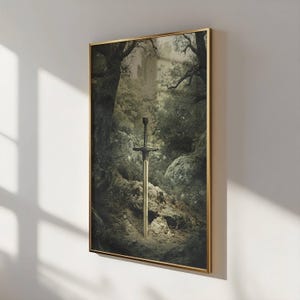Vintage CastleCore Art, CastleCore Wall Art, Castle Poster, Sword Print For Living Room, Mystical Wall art, Dark Academia, Wall Art Of Sword image 3
