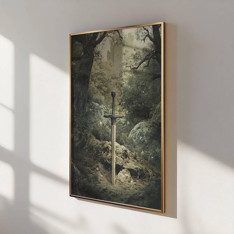 Vintage CastleCore Art, CastleCore Wall Art, Castle Poster, Sword Print For Living Room, Mystical Wall art, Dark Academia, Wall Art Of Sword image 3