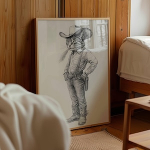 Vintage Cowboy Cat Sketch, Cowboy Cat Art, Cat Wall Art, Cowboy Decor, Cowboy Wall Art, Western Cat Wall Art, Funny Print, Farm Cat