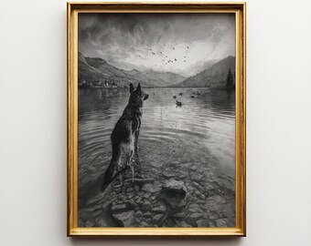 Vintage German Shepherd Lake Sketch Poster | Antique Dog Portrait Wall Art