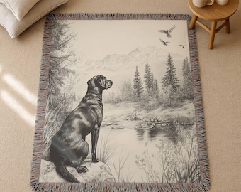 Couverture tissée de Style portrait de Labrador, tapisserie d'art de chien vintage, jeté de cadeau de perte d'animal de compagnie de croquis de laboratoire noir, décor de laboratoire antique, cadeau d'amant de chien
