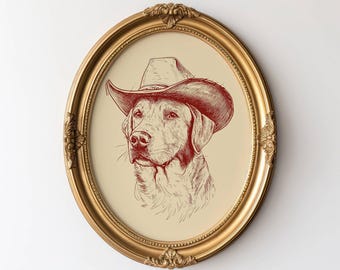 Vintage Cowboy Lab Sketch, Cowboy Dog Art, Dog Wall Art, Cowboy Decor, Cowboy Wall Art, Western Dog Wall Art, Funny Print, Western Dog