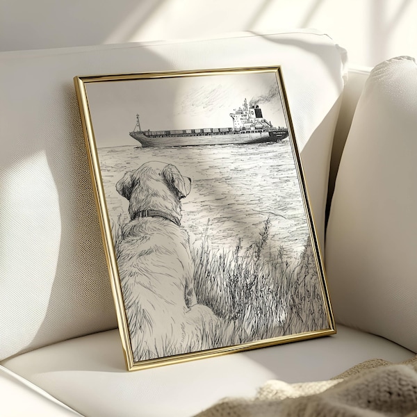 Vintage Golden Retriever Sketch, Dog Wall Art, Golden Wall Art Print, Antique Dog Artwork, Retriever Portrait, Vintage Pet Artwork, Graphite