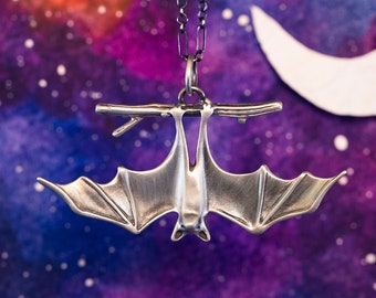 Awakening Bat Necklace, Handmade Bat Pendant Ready for Adventure in Silver, Gold, and Bronze