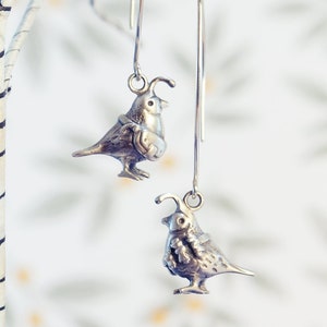 Mail Quails! Handmade Quail Earrings in Silver, Bronze, or 14k Gold / Quail Jewelry/ Quail Earrings/ Quail Dangles/ Long Quail Earrings/