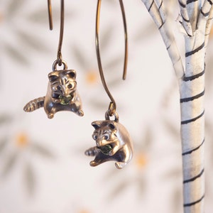 Greedy Raccoon Earrings! / Tiny Raccoon Jewelry Clutching a Genuine Gemstone of Your Choice in Sterling Silver, Bronze, or Gold