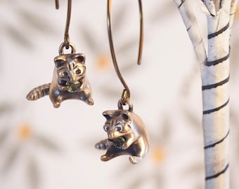 Greedy Raccoon Earrings! / Tiny Raccoon Jewelry Clutching a Genuine Gemstone of Your Choice in Sterling Silver, Bronze, or Gold