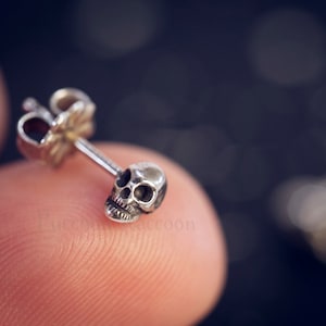 May include: A silver skull stud earring. The earring is small and detailed, with a realistic skull design.