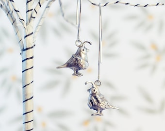 Mail Quails! Handmade Quail Earrings in Silver, Bronze, or 14k Gold / Quail Jewelry/ Quail Earrings/ Quail Dangles/ Long Quail Earrings/