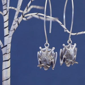 Sweet Brown Bat Dangle Earrings, Handmade in Silver, Bronze, or 14k Gold / Bat Jewelry/ Bat Earrings/ Bat Dangles/ Long Bat Earrings/