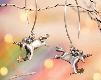 Pendientes de unicornio mágicos / Joyería de unicornio / Pendientes de varita mágica en plata de ley maciza, oro o bronce.